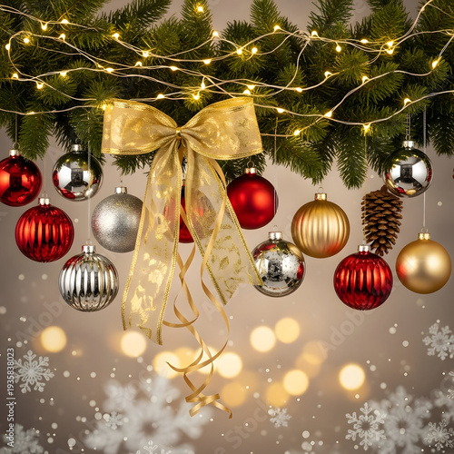 Christmas Tree Decorations with Red, Gold, and Silver Ornaments, Pinecone, and Warm Fairy Lights on Branches with Golden Ribbon Bow