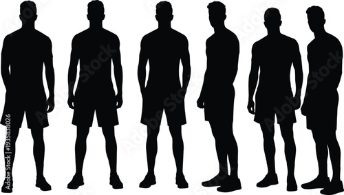 Silhouette of men standing in fitness poses, workout routine, black vector illustration, exercise, training, isolated, group