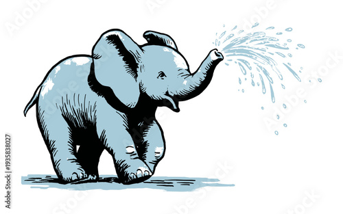 Cute baby elephant spraying water from its trunk in a playful manner