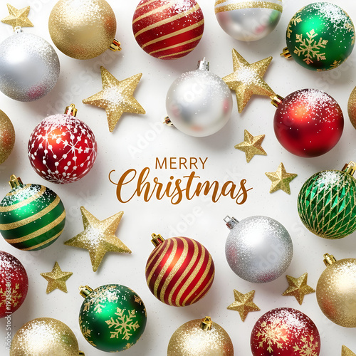 Merry Christmas festive holiday decorations with red green gold and silver ornaments and stars