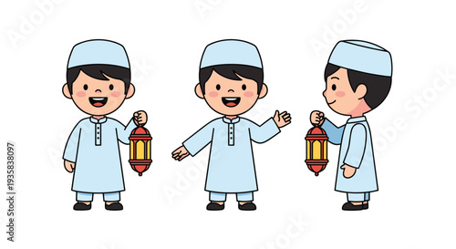 A joyful cartoon boy dressed in a light blue thobe and white kufi is presented in three poses each holding a vibrant red lantern on a pristine white background, Generative AI