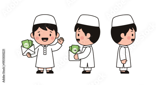 Three cheerful cartoon boys in traditional white attire are shown in various poses holding envelopes filled with Eidi money against a clean white backdrop, Generative AI
