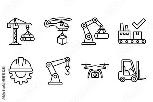Industrial and logistics icons: crane, helicopter, robotic arm, factory, forklift, drone, hard hat