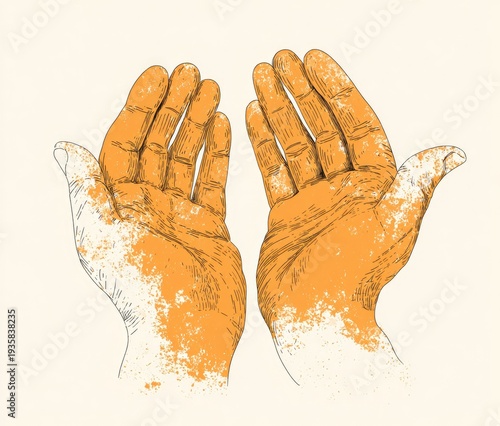 A digitally colored sketch of two cupped hands, palms facing upwards, rendered in detail