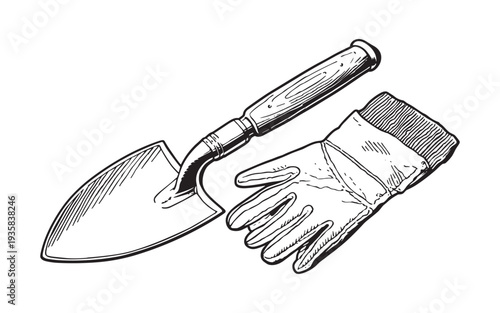 Vintage illustration of a garden trowel and a pair of gloves on a white background