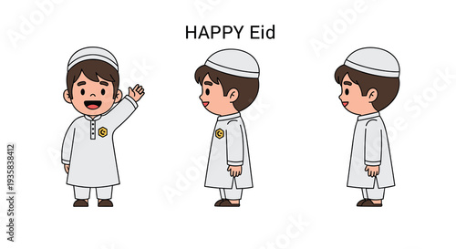 Three identical cartoon boys dressed in traditional white thobes and caps are shown in front and side profiles with the central boy happily waving his hand, Generative AI