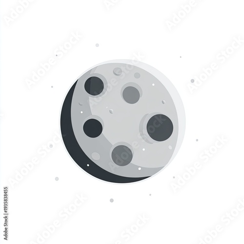 Stylized, gray full moon with craters and a shadow against a white backdrop