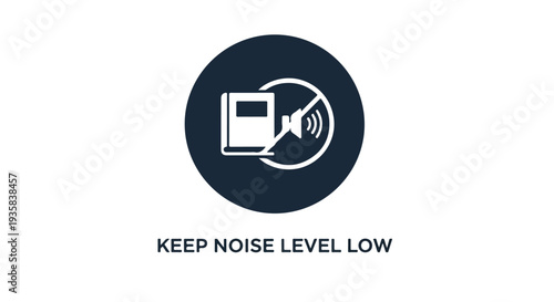 A dark blue circle icon with a white computer monitor and speaker crossed out on a white background with the text 'KEEP NOISE LEVEL LOW' below.
