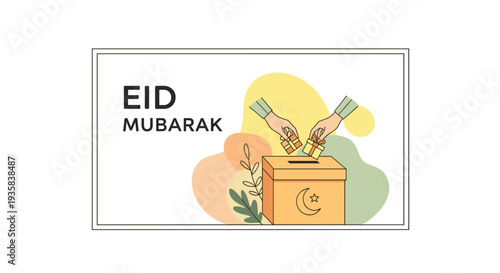 An elegant illustration showcases hands donating gifts into a decorated box accompanied by EID MUBARAK text and abstract pastel shapes on a white background, Generative AI