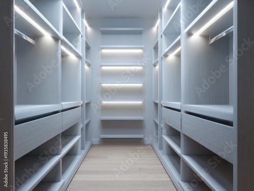 Modern minimalist walk-in closet with recessed lighting. Clean lines and light wood flooring enhance brightness. Shelving and drawers offer ample storage space