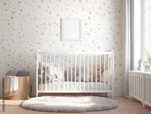 Soft stars decorate a serene nursery wall. White crib holds plush pillows and a teddy bear. Round rug adds warmth to light wooden floor. Natural light floods in through a nearby window
