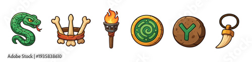 Set of six cartoon fantasy icons including a stone snake, bone crown, flaming torch, maze medallion, rune, and tusk amulet for a video game interface or adventure theme