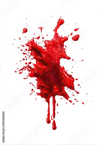 A vivid splatter of crimson liquid on a stark white background, resembling a bloodstain