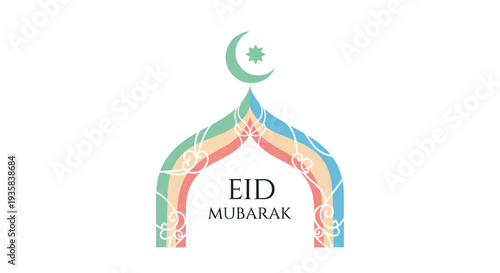 A stylized mosque dome shape with a crescent moon and star finial is composed of pastel rainbow-colored lines and ornate patterns on a clean white background, Generative AI