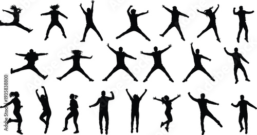Silhouette of people jumping, dancing, moving, joyful poses, energetic motion, active lifestyle, creative design, vector art, black white illustration, fun