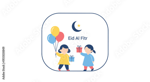 Two young girls are holding colorful balloons and gift boxes within a rounded frame on a pristine white background with a moon and star icon, Generative AI