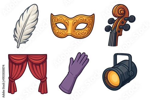 Collection of six theater and opera icons featuring a golden masquerade mask, red stage curtain, violin scroll, feather, glove, and spotlight in a cartoon vector style