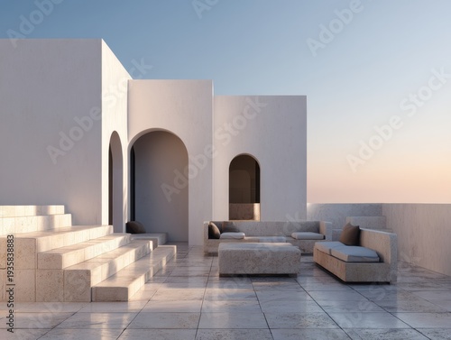 Minimalist stone patio with clean archways. Soft light bathes minimalist seating. Modern design blends with serene sky. Calm ambiance invites quiet relaxation. Smooth stone steps lead to shaded nook