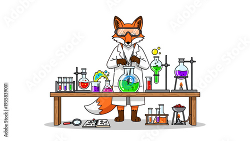Anthropomorphic fox scientist conducts chemistry experiments at a wooden lab bench