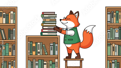 Anthropomorphic fox shelving a tall stack of books on a library cart