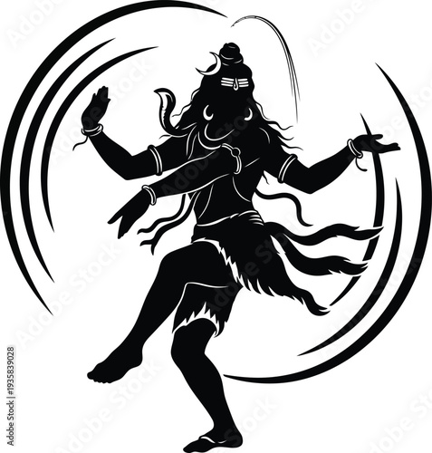 "Black and White Nataraja Silhouette Illustration of Shiva’s Cosmic Dance for Cultural Education, Spiritual Art, and Hindu Iconography Projects"