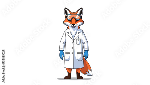 Anthropomorphic fox wearing a lab coat goggles and blue gloves
