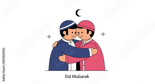 Two cheerful cartoon boys dressed in blue and pink thobes are shown embracing affectionately under a crescent moon and stars with Eid Mubarak text on a white background, Generative AI