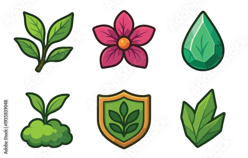 Set of six cartoon nature icons for a fantasy game includes a leaf, flower, gem, sprout, shield, and plant element for user interface design or as a game asset