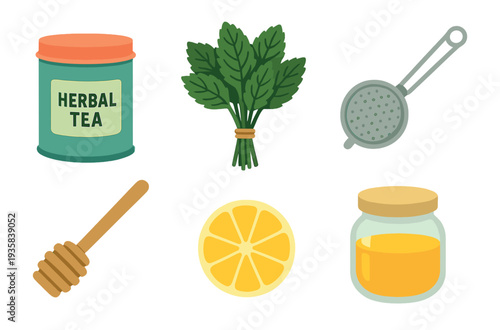Set of herbal tea making ingredients and accessories including a canister, mint, strainer, honey dipper, lemon slice, and honey jar, depicted in a flat vector illustration style