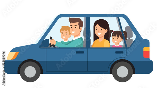 Blue car with four smiling cartoon passengers on a white background