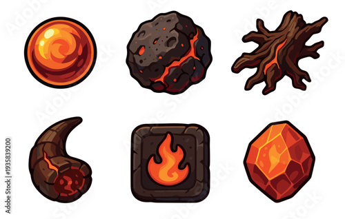 Collection of various magical fire items for a fantasy game, featuring a swirling orb, volcanic meteorite, charred wood, demon horn, flame rune, and a faceted orange gem