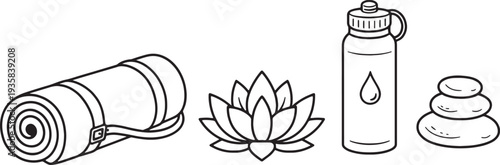 Yoga and wellness minimalist line art icons with mat and lotus flower