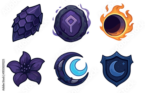 Set of six fantasy game icons featuring a purple crystal, a magic rune stone, a fiery eclipse, a dark flower, a crescent moon, and a celestial shield for a role-playing game