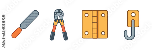 Set of four hardware tool icons including a metal file, bolt cutters, a door hinge, and a wall hook in a colorful flat vector illustration style for construction and repair concepts