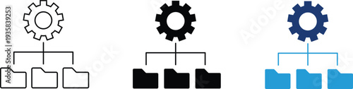 Gear with folder hierarchy icon showing data management and project organization. Systematic illustration for file directory structure, automated workflow, and digital asset categorization.