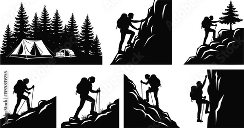 Hiking and camping silhouette set, backpackers climbing mountains trekking forest adventure outdoor expedition camping tent nature exploration vector illustration collection