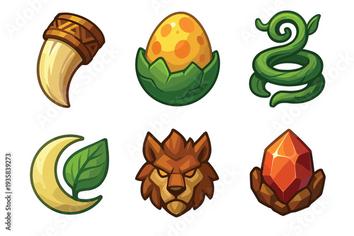 Colorful set of six fantasy game icons featuring a tribal tusk, a spotted dragon egg, a swirling vine, a nature moon, a fierce beast head, and a magic power crystal
