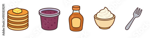 Set of cute cartoon breakfast food icons featuring a stack of pancakes with butter, a jar of jam, a bottle of syrup, a bowl of whipped cream, and a fork illustration