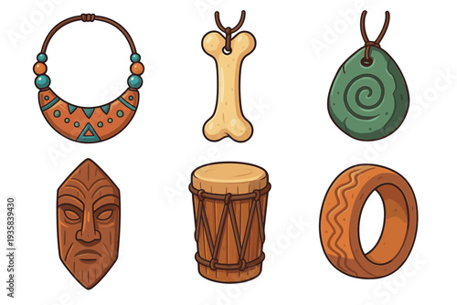 Collection of six cartoon tribal items including a necklace, bone pendant, stone amulet, wooden mask, drum, and bracelet in a clean, illustrative vector style