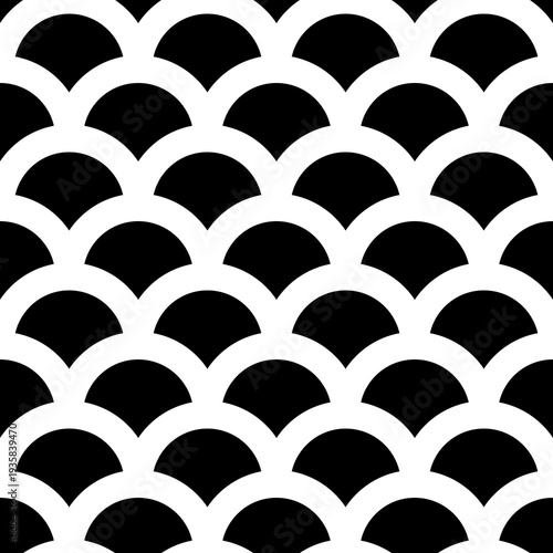 Fish scale wallpaper. Asian traditional ethnic ornament with repeated scallops. Repeated black scallop on white background. Seamless surface pattern design with scales. Squama motif. Digital paper.