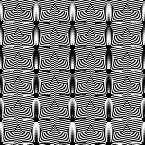 Fish scale wallpaper. Asian traditional ornament with repeated scallops. Repeated white triangular and circular shapes on black background. Seamless surface pattern design with scales. Squama motif.