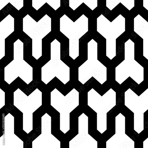 Repeated white puzzle on black background. Seamless surface pattern design with mosaic ornament. Logic games motif. Pavement wallpaper. Digital paper, page fills, web designing, textile print. Vector.