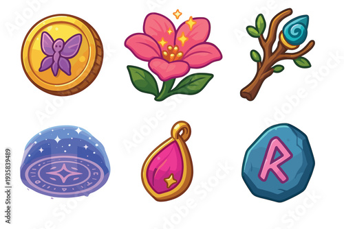 Colorful set of fantasy game icons featuring a magical coin, sparkling flower, wizard staff, cosmic crystal, amulet, and runestone for a role-playing adventure user interface