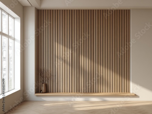 Minimalist room with vertical wood slats. Natural light streams through large window. Soft shadows dance across sleek wooden panels. Simple shelf holds small decorative plant