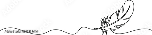 An elegant single continuous line drawing portrays a delicate feather gently resting on a subtle curve