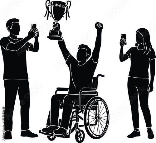 Disabled champion celebrating victory holding trophy silhouette supporters taking photos inclusive success concept black white vector illustration