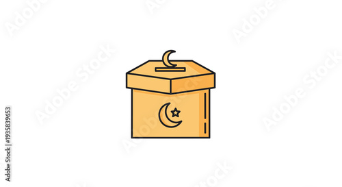 A light orange hexagonal donation box featuring a crescent moon and star icon on its front and lid is depicted on a clean white background, Generative AI
