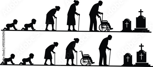 Human life cycle silhouette from birth to death isolated on white background aging time mortality illustration concept