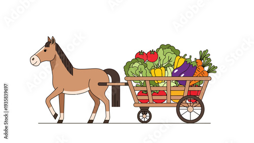 Brown horse pulling a wooden cart overflowing with colorful fresh vegetables