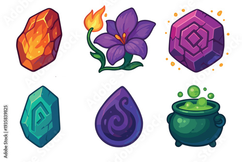 Colorful fantasy game assets and icons featuring magical crystals, a bubbling green potion in a cauldron, a mystic elixir, and a flaming purple flower in a cartoon style